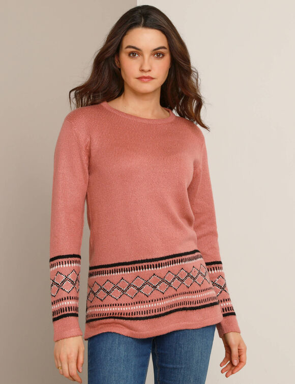 Pull tunique, base et poignets jacquard (rose grisé) Pull tunique, base et poignets jacquard (rose grisé)